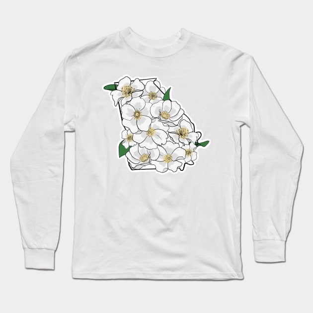 Georgia and State Flower the Cherokee Rose Long Sleeve T-Shirt by A2Gretchen